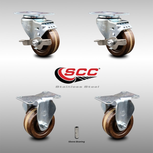 3 Inch SS High Temp Phenolic Top Plate Caster Set with 2 Brake 2 Rigid SCC